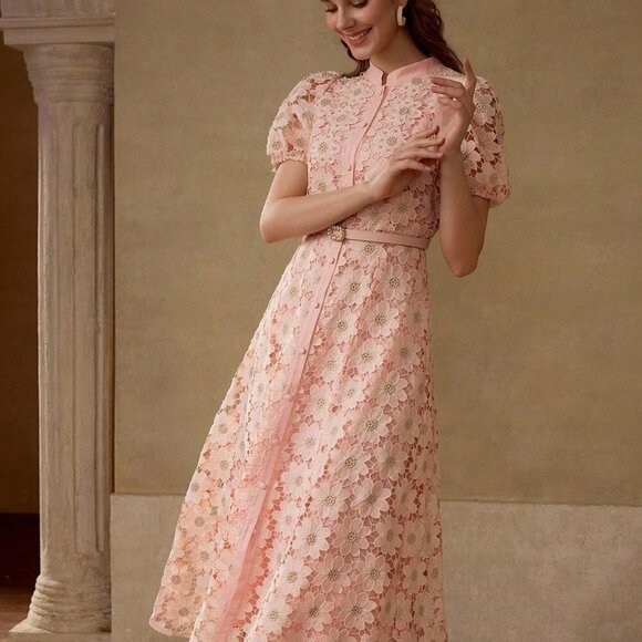 Pink Elegant Women's Floral Embroidered Puff Sleeve Fitted waist dress - Picture 6 of 7